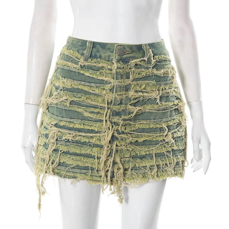 Women's Denim Skirt Do Old Solid Color Burrs Tassel Slim High Waist Short A-line Mini Skirt Autumn Fashion Green skirts