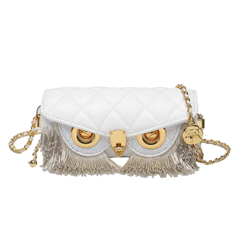 Cute Owl Bags for Women New Luxury Designer Handbag Fashion Tassel Crossbody Bag Leather Animal Print Shoulder Bag Woman WHITE