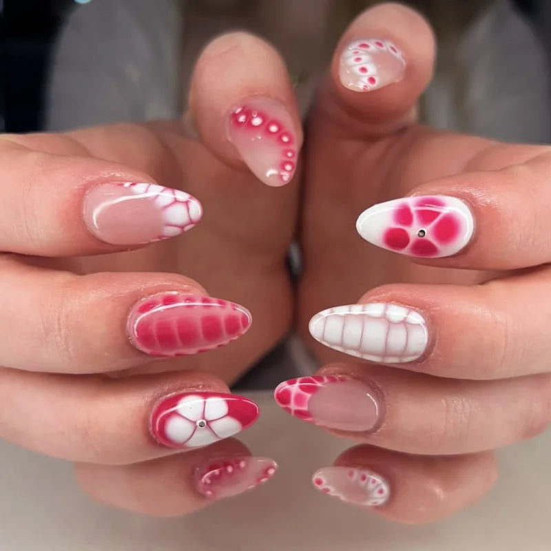 24Pcs French Red Fake Nail Tips Short Round Head False Nails with Flower Design Wearable Almond Manicure Set Press on Nails
