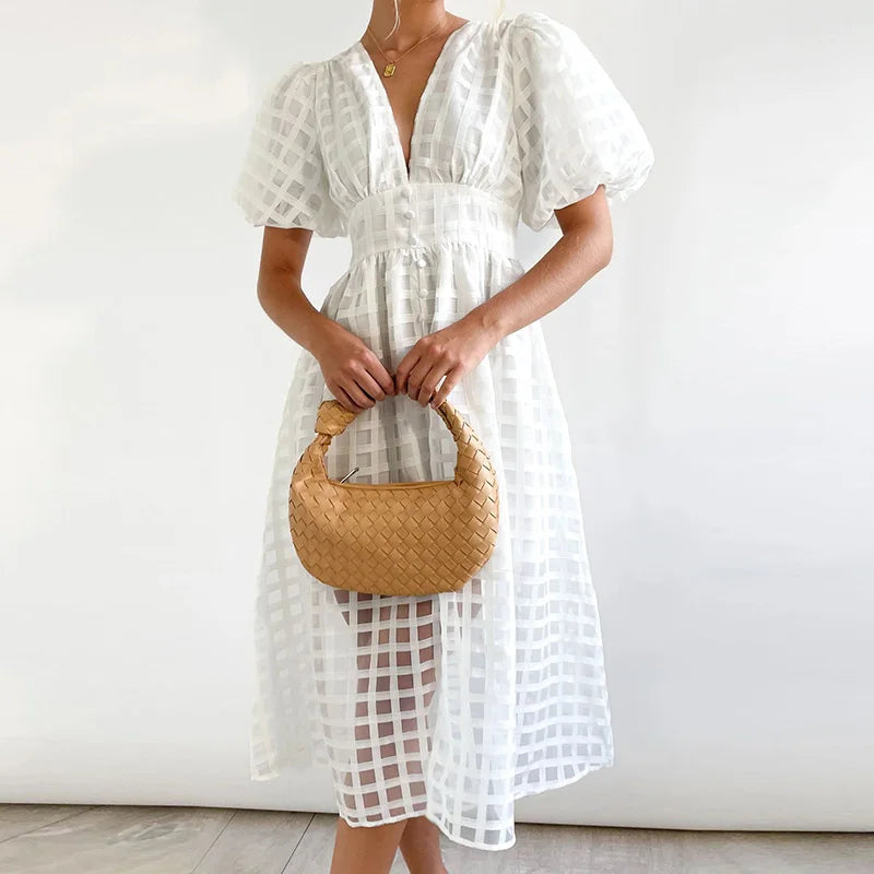 Summer Multicolor Lantern Short Sleeve Long Dress Elegant Ladies Solid V Neck Big Hem Dress Fashion Mesh Plaid High Waist Dress WHITE