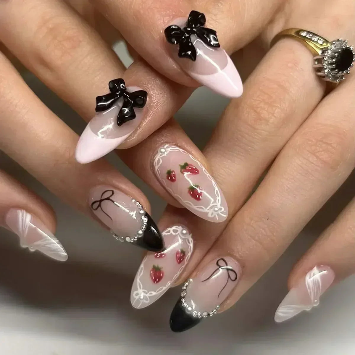 24pcs Short Almond Press on Nails 3D Flower Butterfly Fake Nails with Glue Colorful Natural Acrylic False Nails Full Cover Nails
