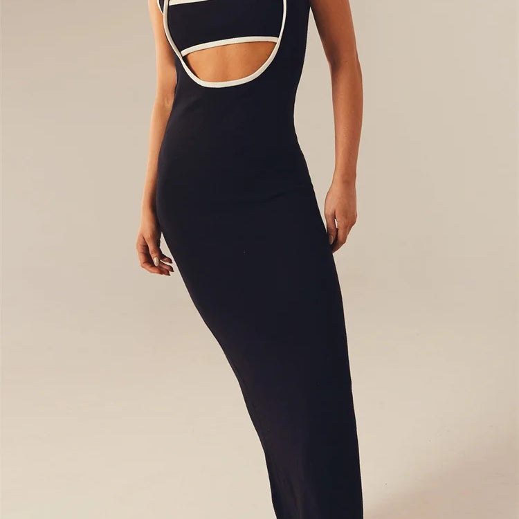 CHRONSTYLE Women Knitted Tank Dress Summer Contrast Color Hollow Out Backless Party Dress Cocktail Beach Club Vestido Streetwear
