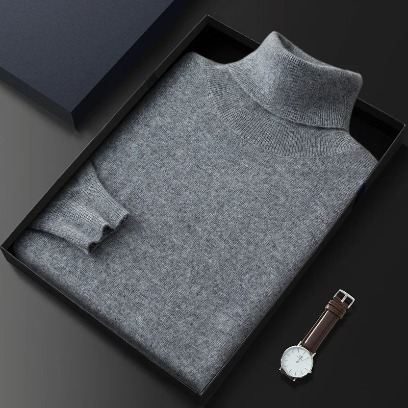 100% Cashmere Turtleneck Men Pullovers Autumn Winter Soft Light Warm Rolled Neck Jumper Jersey Pull Homme Knitted Sweater Light Grey