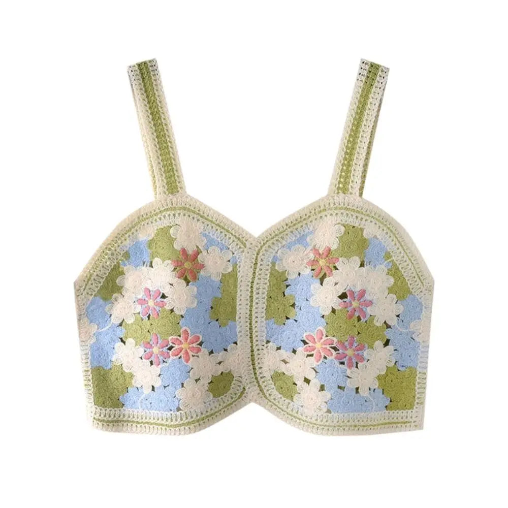 Stylish Sweet Crochet Summer Bohemia Tank Tops Hollow Out Crop Tops Korean Sleeveless Garment Women Cotton Camisole green