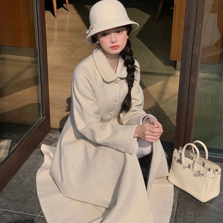 Winter Long Wool & blends Coat for Women Chic Luxury Elegant High Quality Womans Clothing Skirted Woolen Overcoat 2024