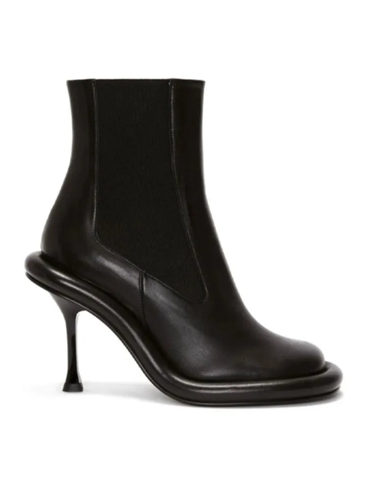 Spring and Autumn Women's New Slender High Heel Denim Short Boots Round Head Side Zipper Fashion Women's Ankle Boots 539- Black