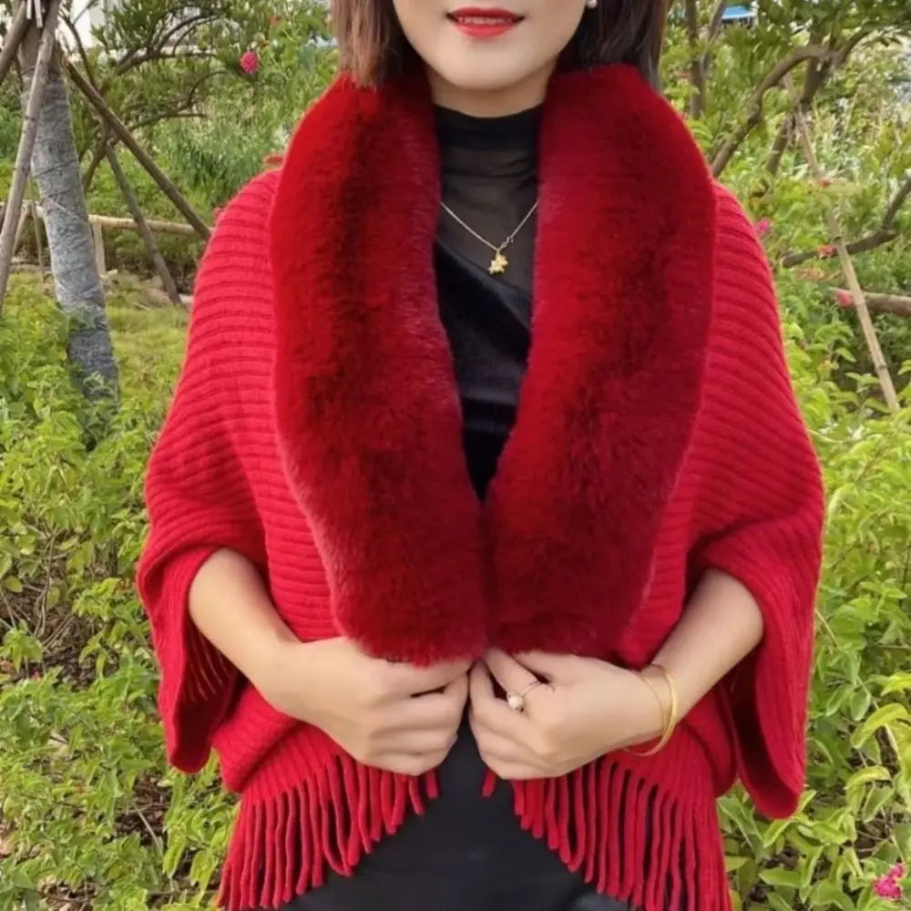 Knitting Thick Women's Loose Shawl with Faux Fur Collar for Evening Dresses Wedding Knitting Shawl Plush Wraps Cardigan Cape red