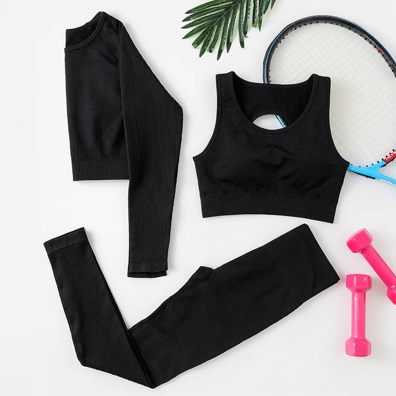 Rid Seamless Yoga Set Women 2pcs Two Piece Long Sleeve Crop Top T-Shirt Leggings Outfit Clothes Gym Wear Fitness Suit Sport Sets 3pcs Black Set