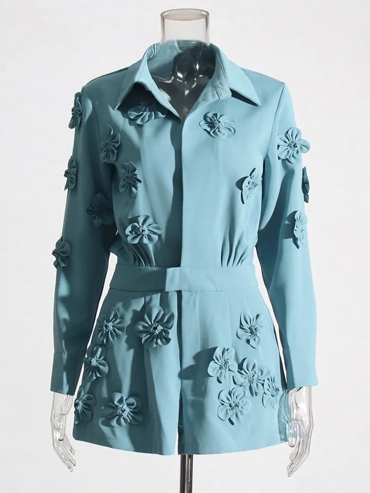 VGH patchwork appliques solid slimming jumsuit for women lapel long sleeve high waist temperament jumpsuits female fashion new