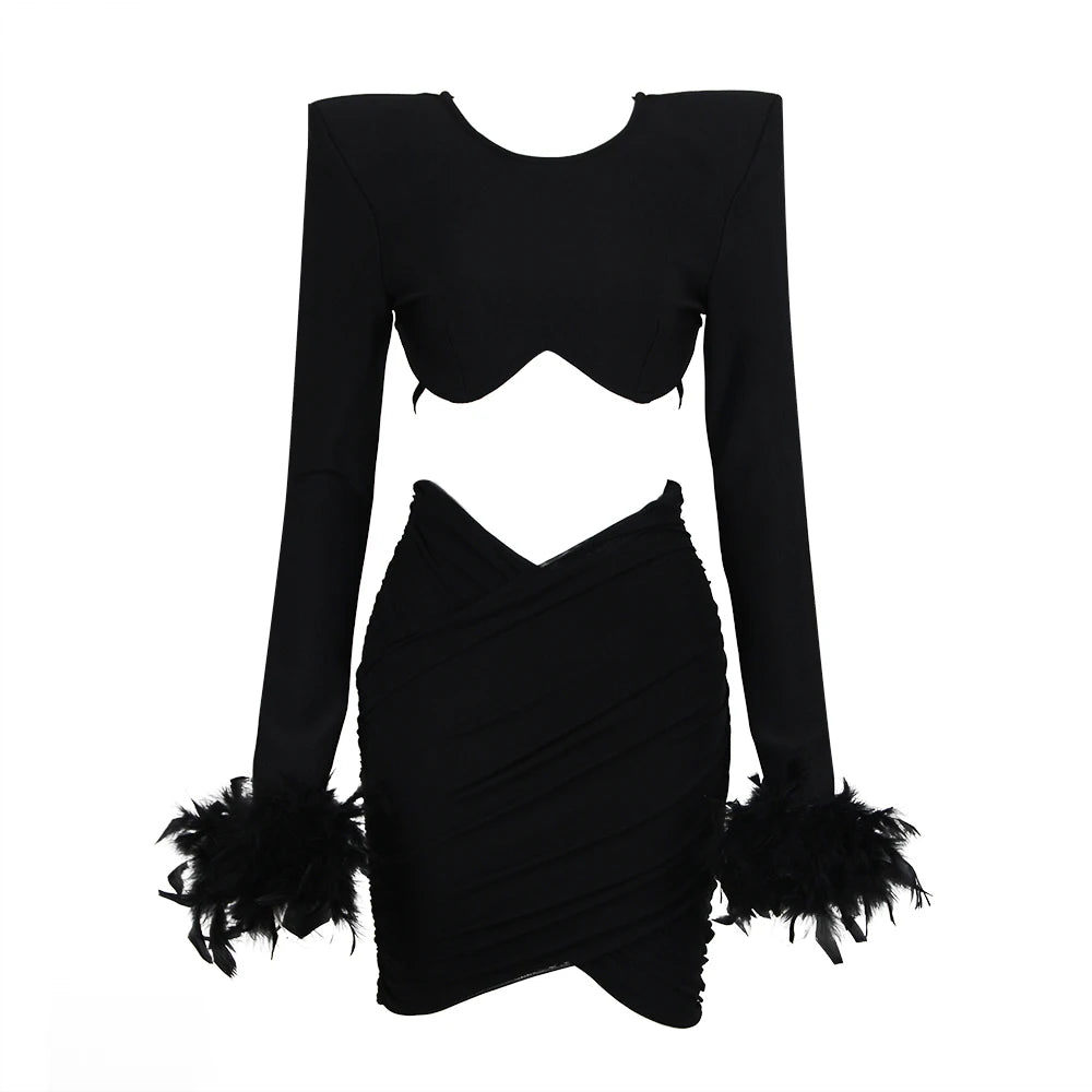 Black White Winter Women Long Sleeve Feathers Sexy Waist Hollow Out Bodycon Mini Dress Rayon Bandage Fashion Nightclub Wear