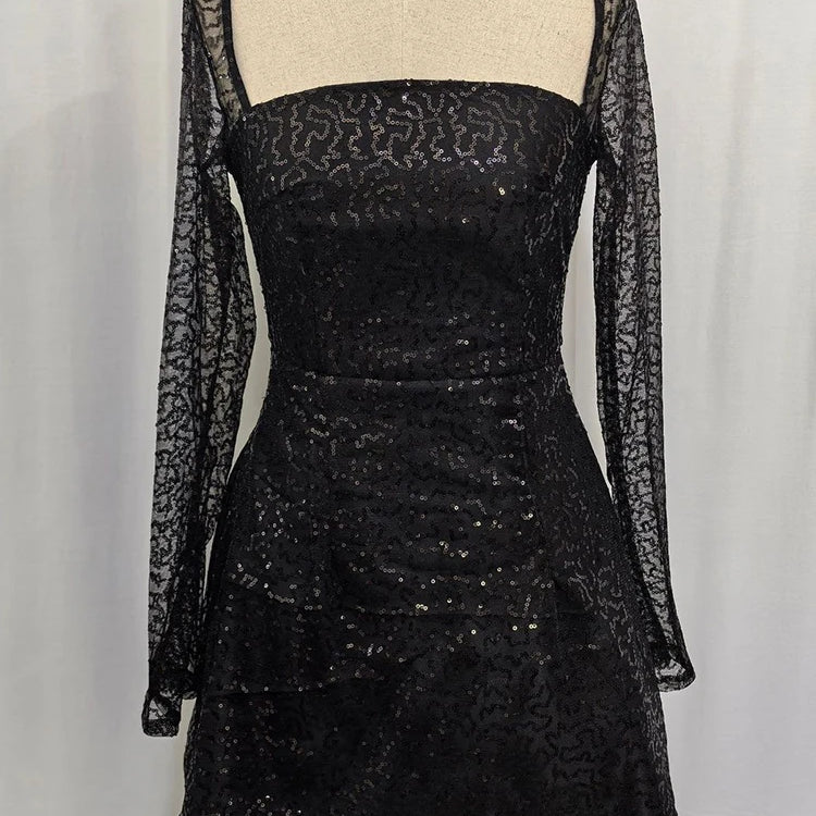 Sequins Long Sleeve Backless Sexy Mini Dress Women Robe Fashion Sparkle Lace-up High Waist A-line Club Dress Vestido