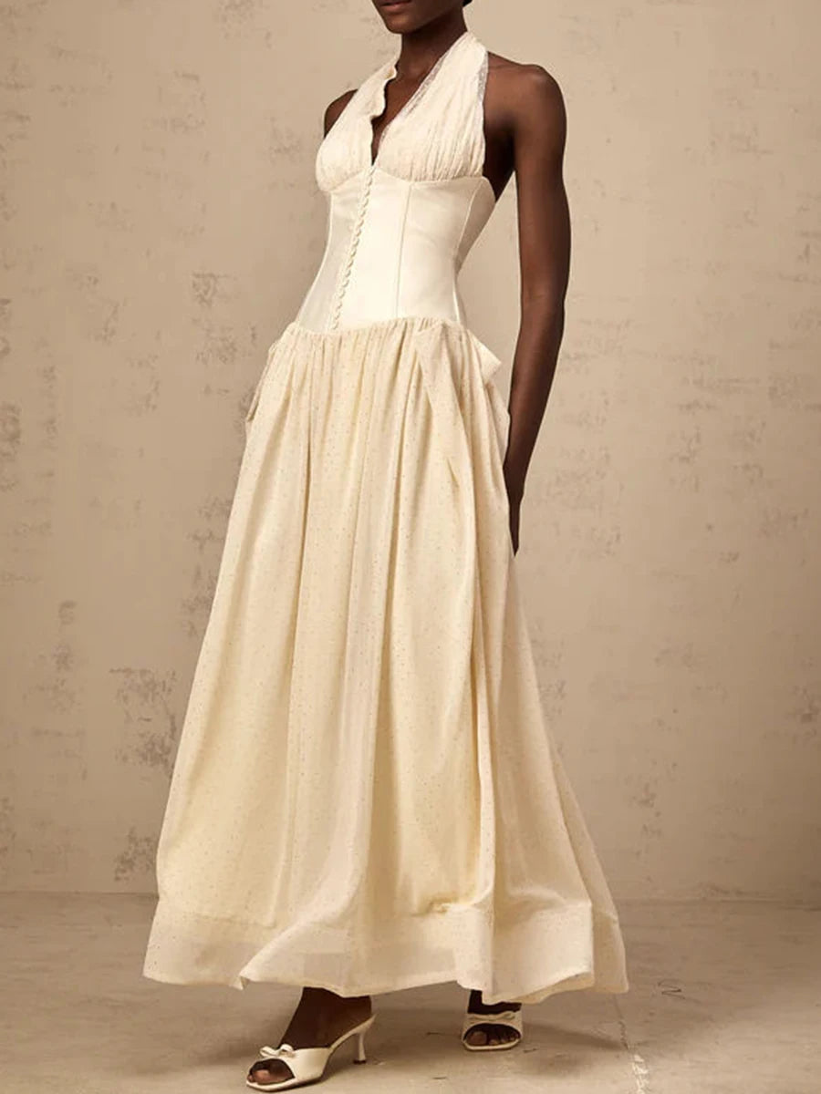 TWOTWINSTYLE Solid Slimming Temperament Dresses for Women Halter Neck Sleeveless Patchwork Folds Tunic Elegant Dress Female New