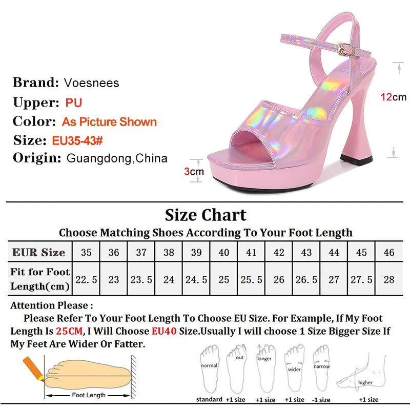 Laser 12CM Women Sandals Peep Toe Platform Shiny Colors Block Heels Pumps Summer Thick High Heel Shoes Woman Outdoor Slides
