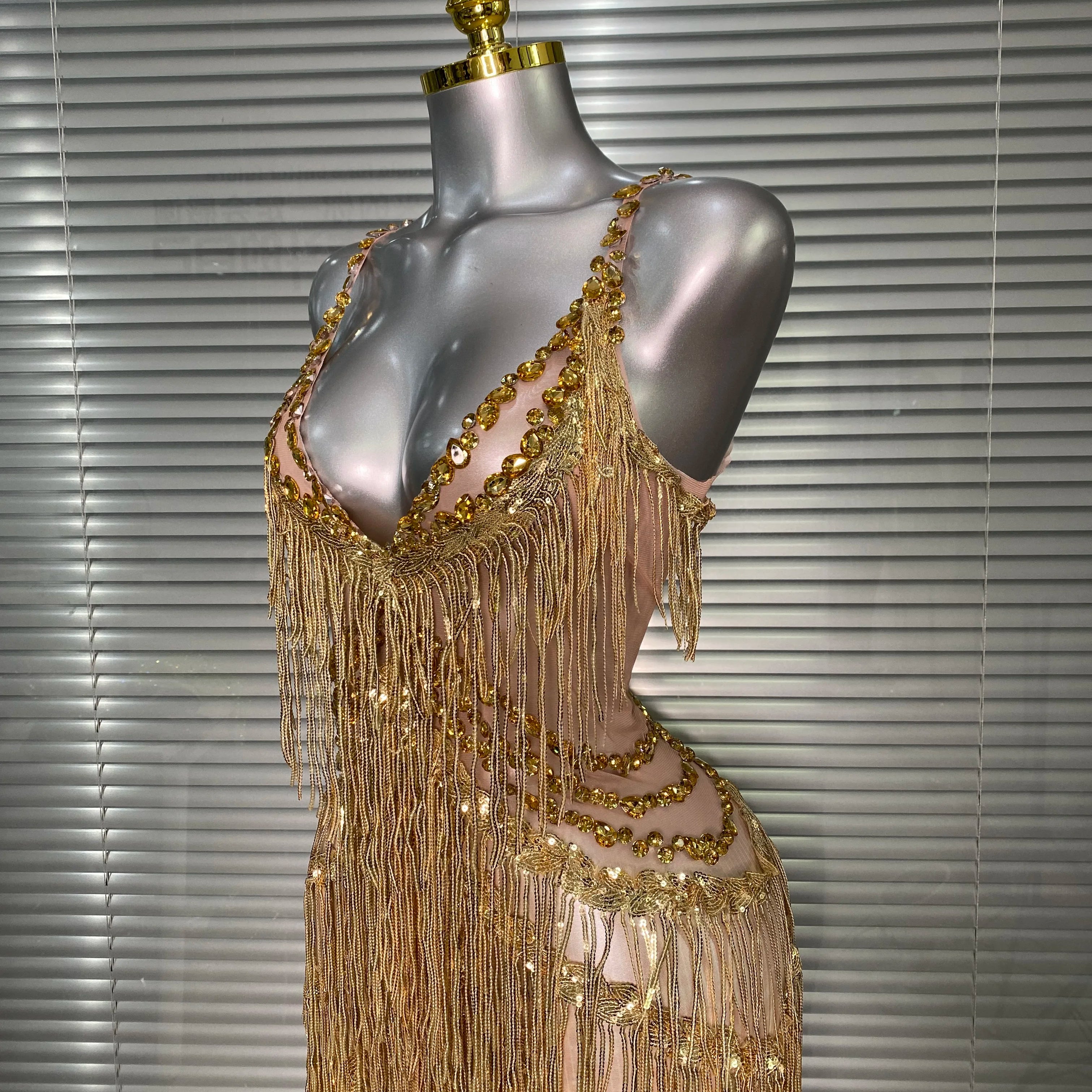 Brand New 2025 Women Sexy Gold Tassel Crystal Jumpsuit Celebrity Designer Stretchy Singer Dancer Stage Night Club Rompers