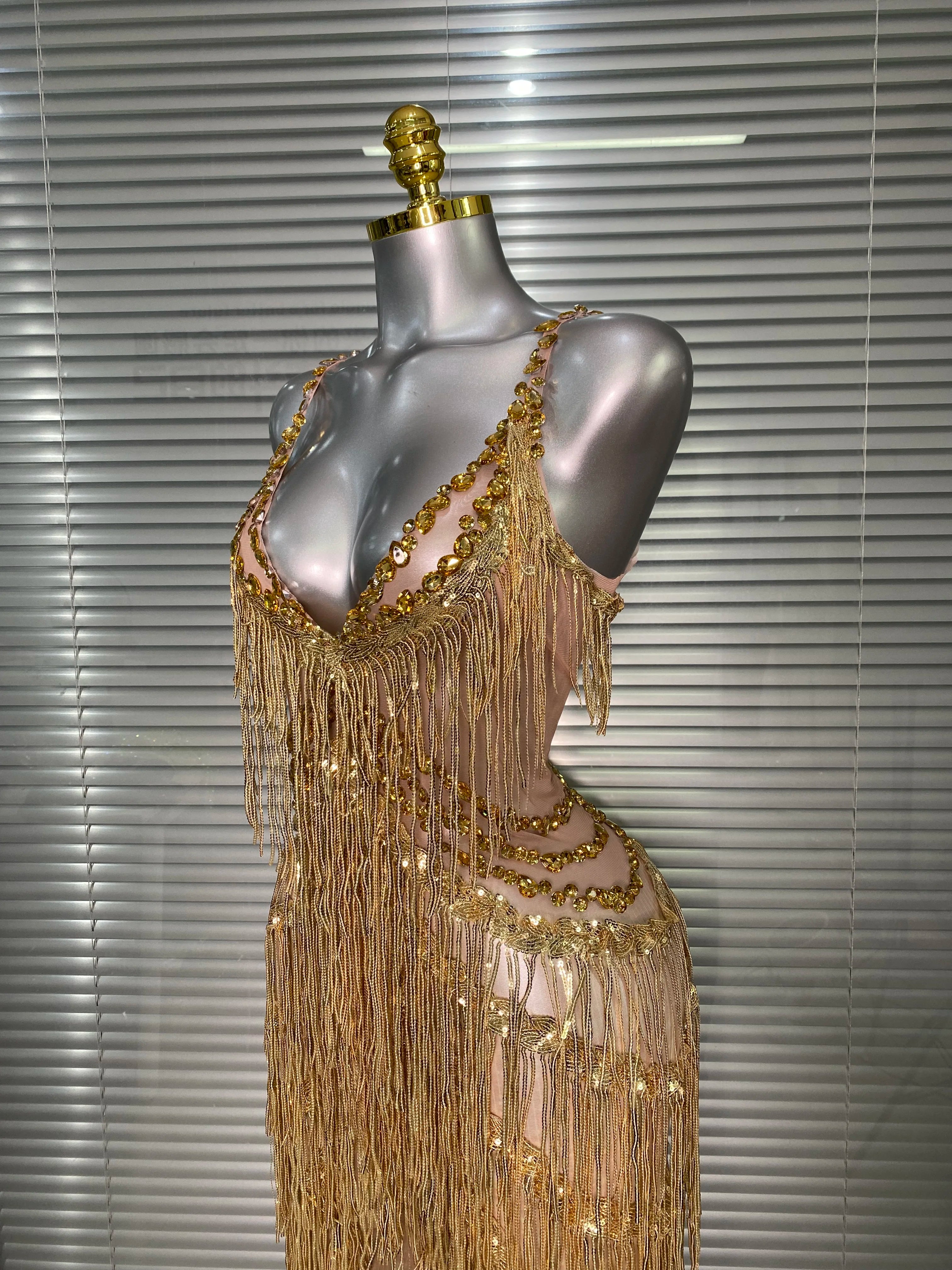 Brand New 2025 Women Sexy Gold Tassel Crystal Jumpsuit Celebrity Designer Stretchy Singer Dancer Stage Night Club Rompers