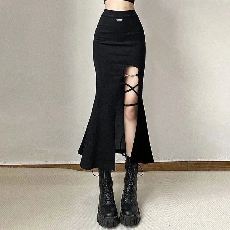 High Waist Women Mermaid Skirts American Style Designed Bandage Split Midi Skirt Y2K Fashion Streetwear Female Skirts Spring