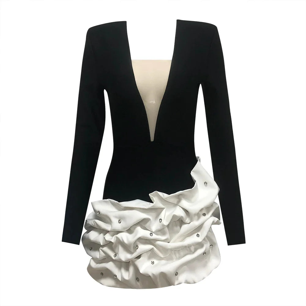 Black Color Women Long Sleeve Sexy V-Neck Bodycon Mini Bandage Dress Celebrate Evening Party Birthday Dress