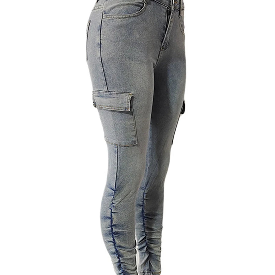 Plus Size High Waist Side Flap Pocket Cargo Jeans Women Zipper Ruched Design Jeans Causal Skinny Long Trouser