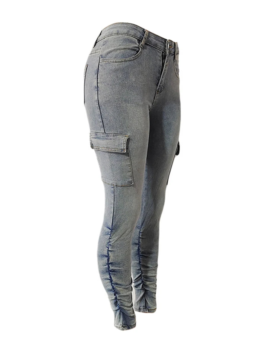 Plus Size High Waist Side Flap Pocket Cargo Jeans Women Zipper Ruched Design Jeans Causal Skinny Long Trouser