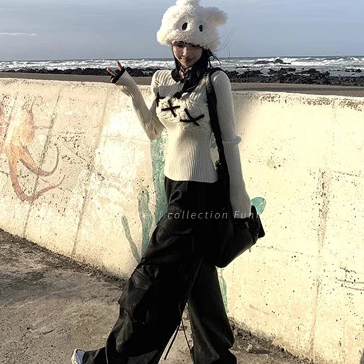 Spring Autumn Cool Handsome Baggy Black Pu Leather Straight Cargo Pants for Women Many Pockets Luxury Designer Clothes