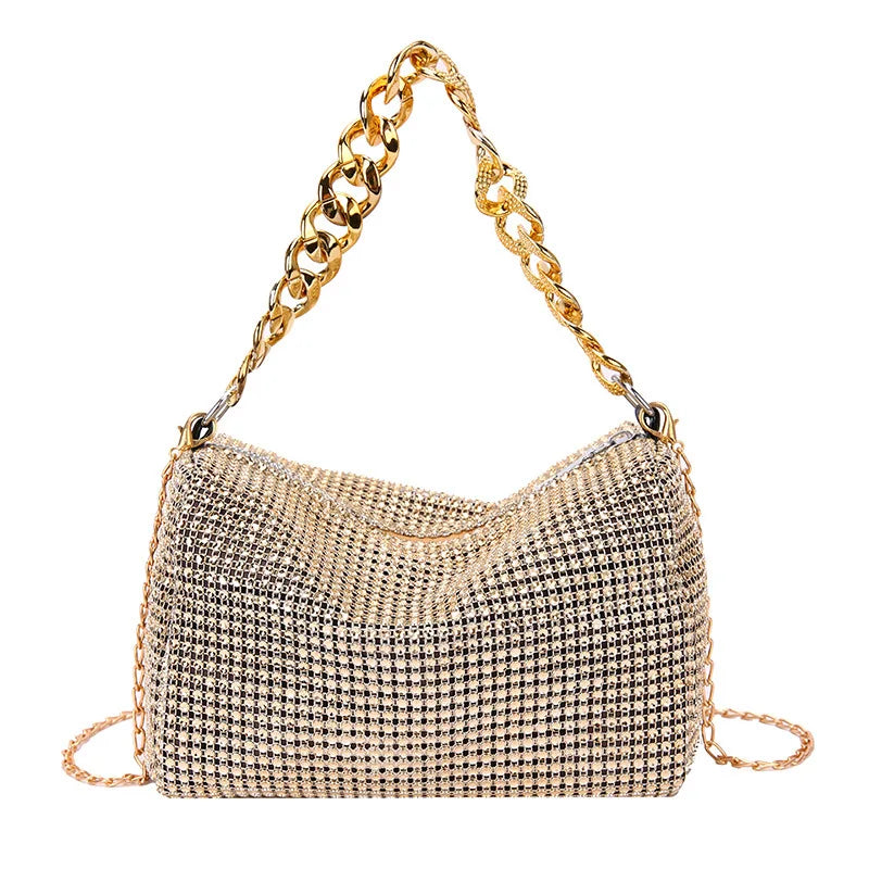 1Pc Elegant Women Rhinestones Evening Clutch Handbags Fashion Shiny Dinner Party Wedding Purses Shoulder Underarm Bag for Women Champagne-A