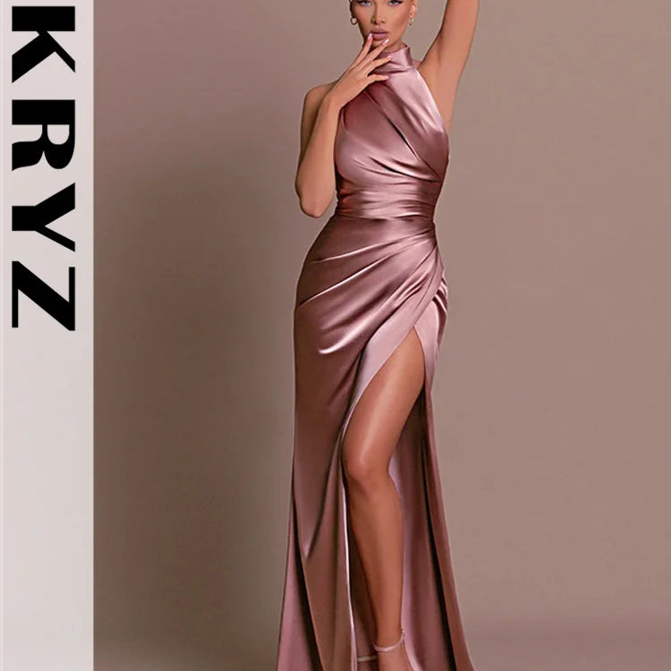 Ladies Satin New Evening Party Dresses Women Sleeveless Backless Halter Side Slit Sexy Elegant Maxi Dress Fashion Female Outfits