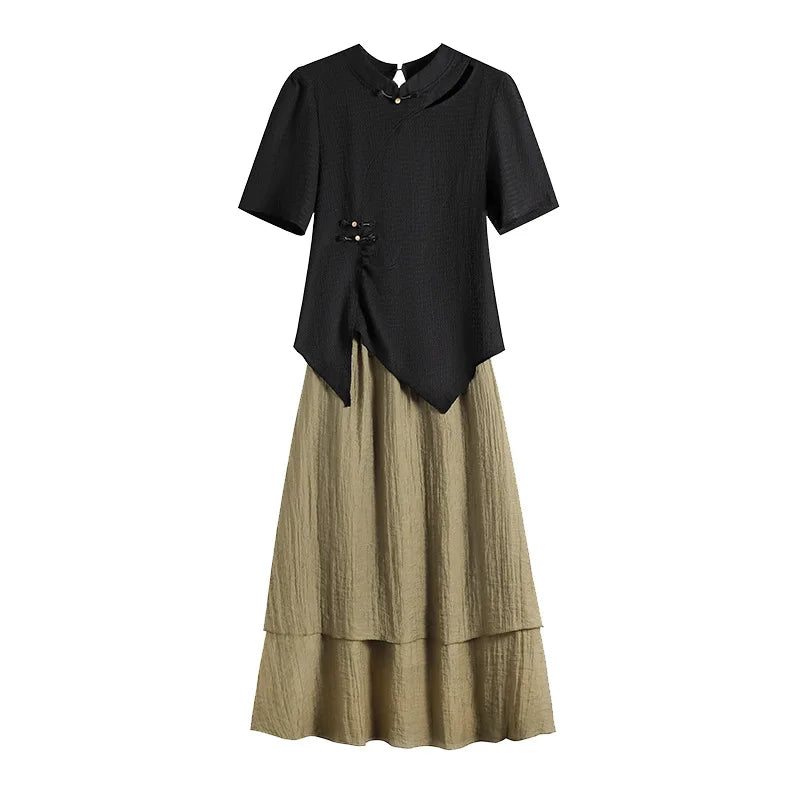 150Kg Plus Size Women's Bust 143 Summer Loose Short Sleeve Chinese Qipao Style Top Skirt Two Piece Set 2XL 3XL 4XL 5XL 6XL 7XL