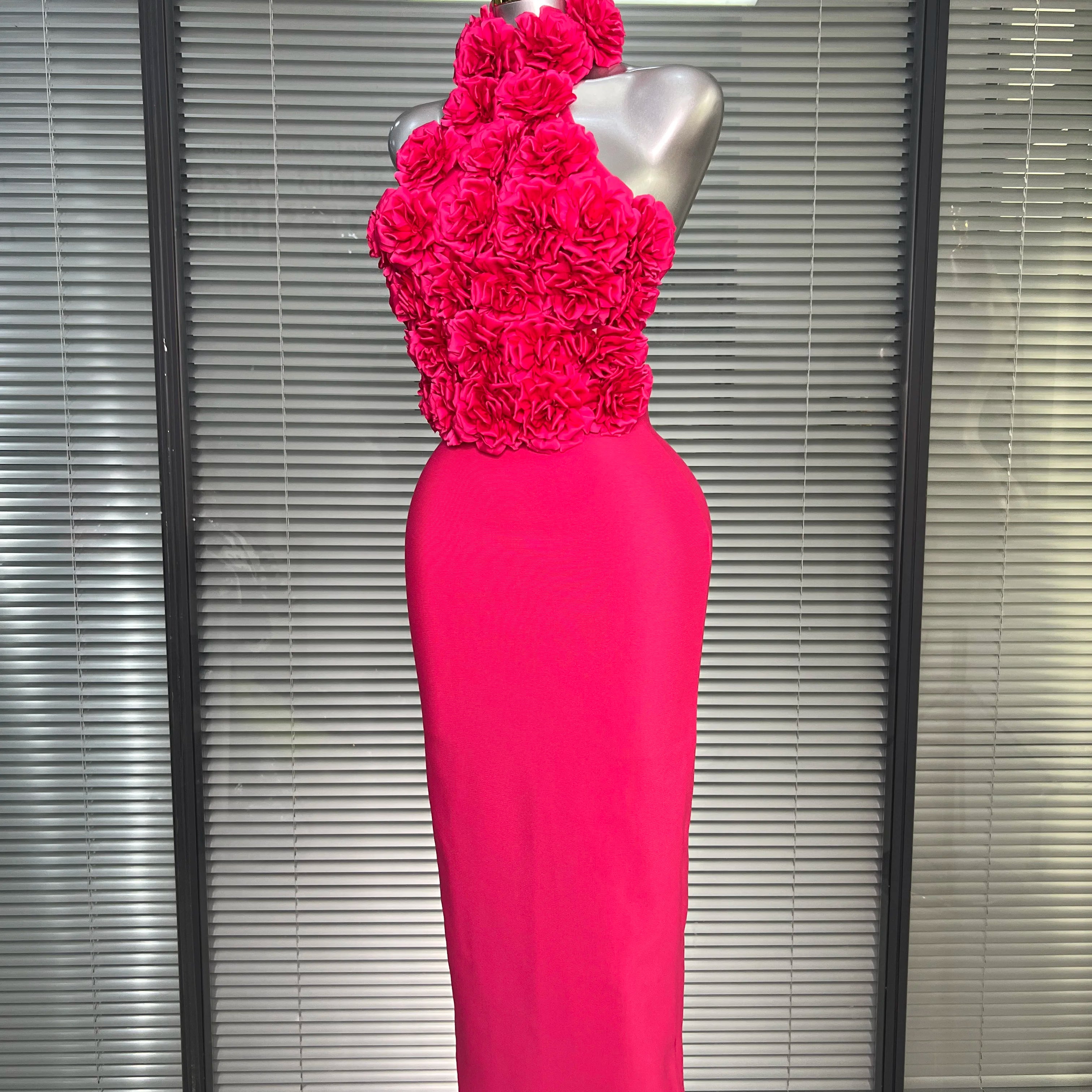 Women Sexy Hot Pink Flower Halter Long Bodycon Bandage Dress Birthday Backless Celebrity Party Dress
