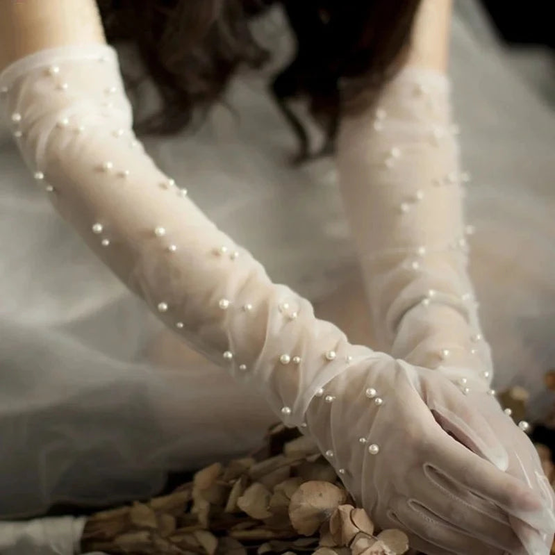 JaneVini 50CM Bridal Sheer Tulle Gloves DIY Long Wedding Gloves for Bride Ivory Pearls Decoration Fingerless Bridal Party Gloves Ivory Full Finger