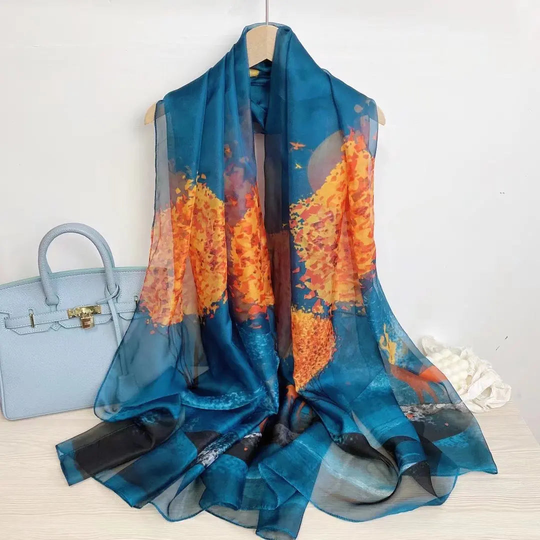 Print Silk Scarf Hijab Women Spring Deisgn Soft Beach Stoles Elegant Head Scarves Echarpe Shawl Satin Large Wrap Echarpe Bandana see chart 32