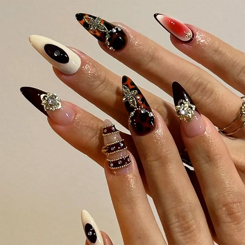 3D Gold Glitter Fake Nail Mid-length Almond Spice Girls False Nails with Stiletto Detachable Nail Tips Art Press on Nails 24Pcs