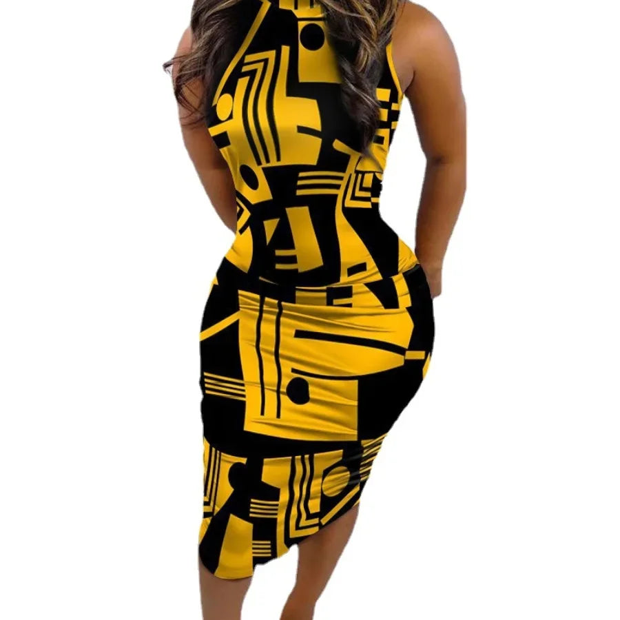 Summer Women Sleeveless Dress Printed Sexy Slim Pullover O Neck Midi Bodycon Dress Nightclub Party Elegant Evening Dresses