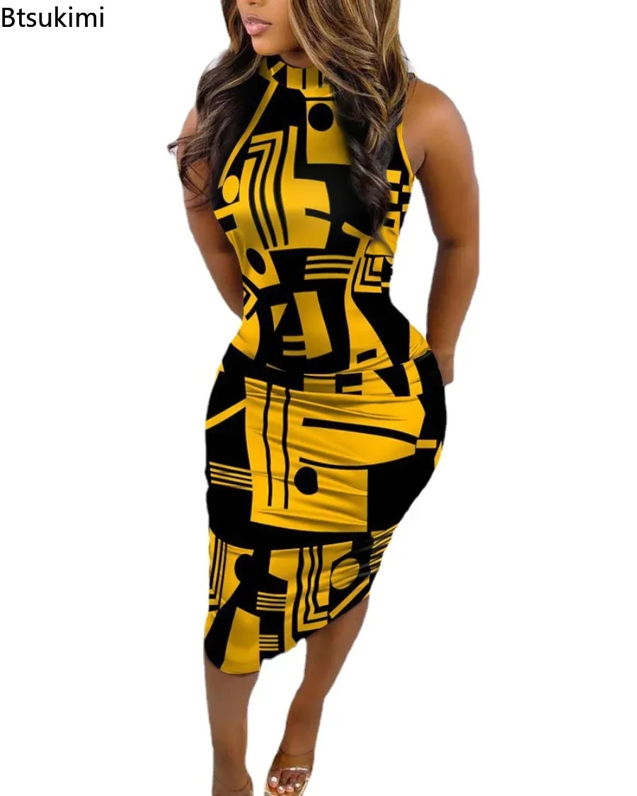 Summer Women Sleeveless Dress Printed Sexy Slim Pullover O Neck Midi Bodycon Dress Nightclub Party Elegant Evening Dresses