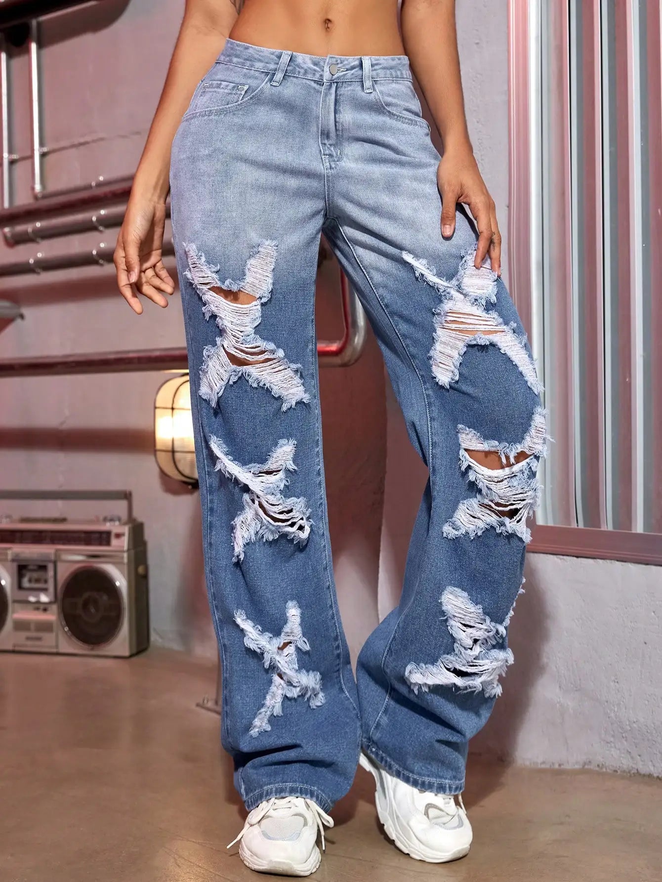 Y2K Women Fashion Ripped Jeans Color Contrast Split Shape Wide Leg Denim Trousers Streetwear