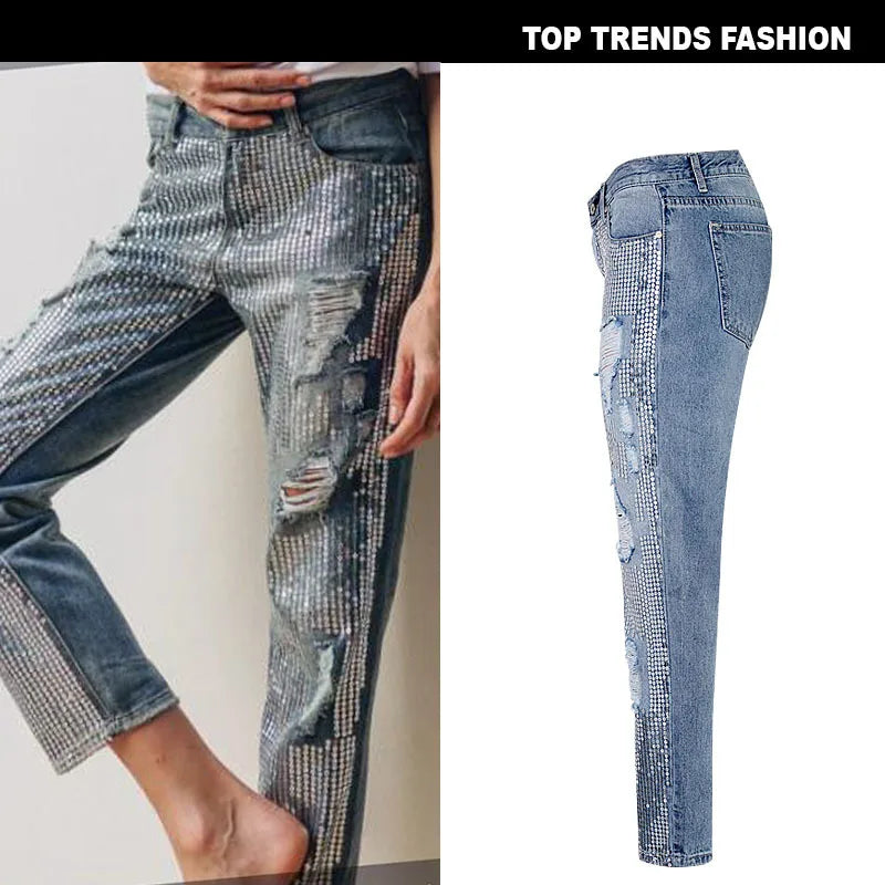 Women's mid rise loose fitting straight denim cropped pants with trendy metal colored worn holes beads Sequin decoration jeans