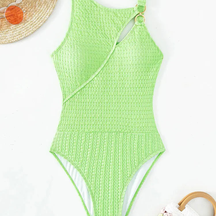 VigoCasey Solid Ring Patchwork Swimwear Women Sexy Hollow Push UP One Piece Swimsuit Monokini Summer Beach Bathing Suit green