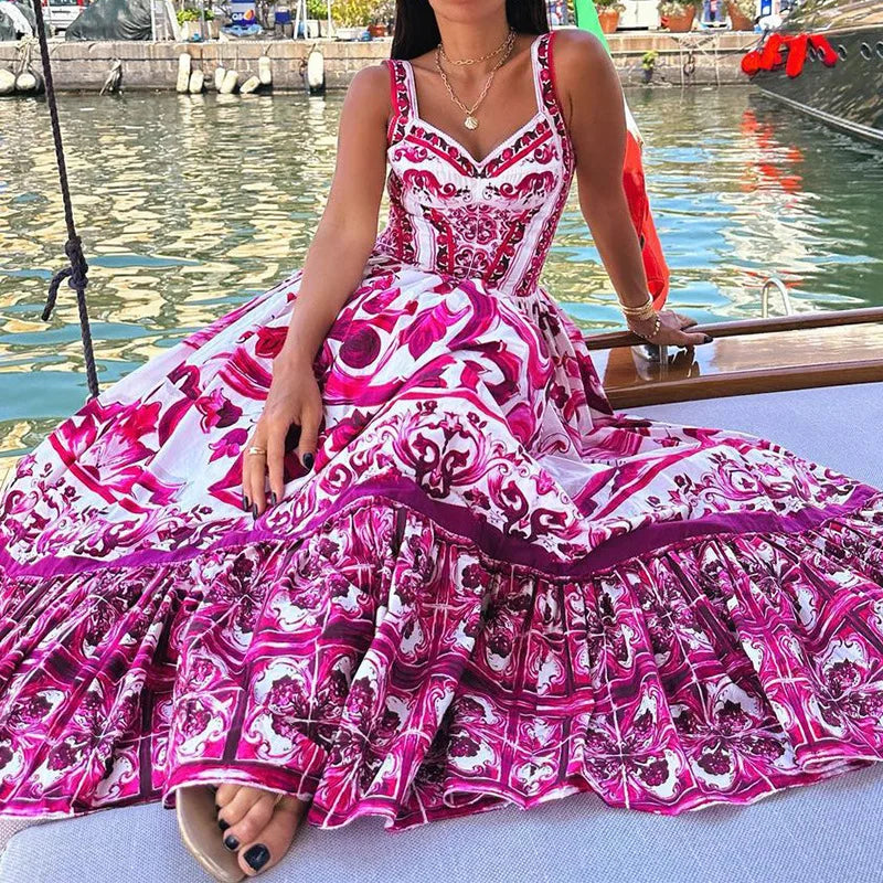 Runway Red White Porcelain Floral Print Long Maxi Beach Dresses Women Straps Sundress