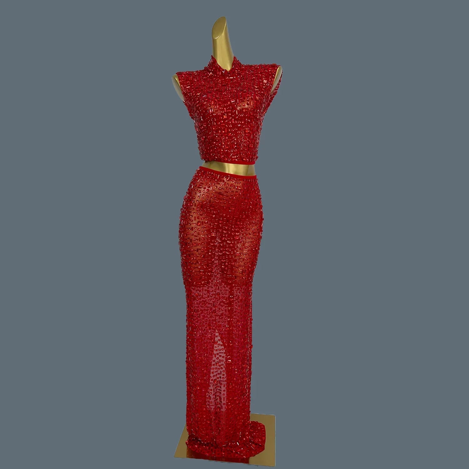 Lady Sexy Two Piece Set See Through Slit Crystal Rhinestone Mesh Dress for Club Party Wear Red Carpet Stage Show Costume Gesebei Red