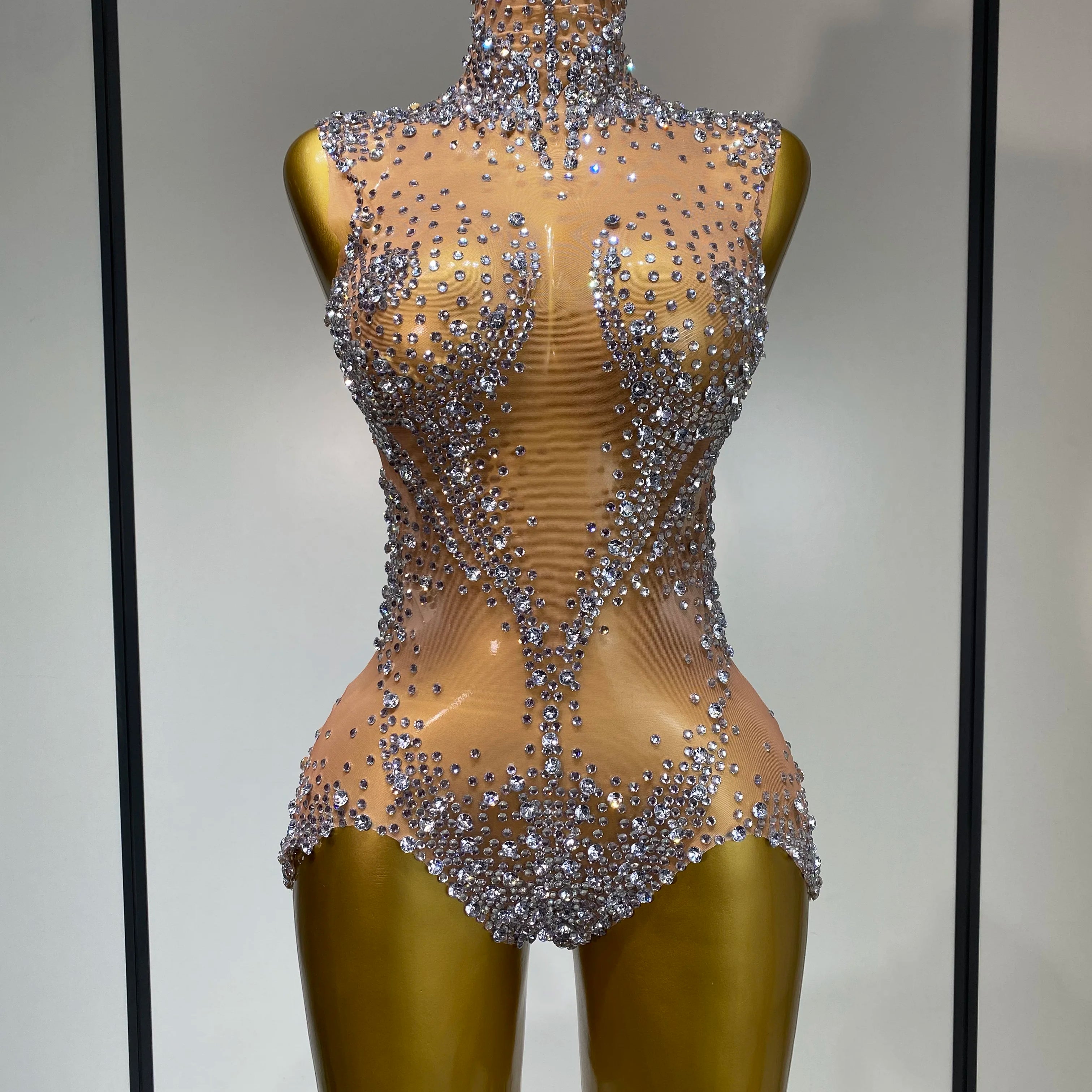 Women Sexy See Through Crystal Bodysuits Luxury Birthday Dancer Stage Performance Wear Mesh Sparkly Rhinestone Nightclub Outfit