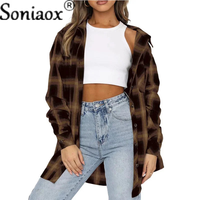 Flannel Plaid Shirt Women Autumn Loose Button Up Lapels Tops Casual Checkered Long Sleeve Blouse Ladies Pockets Basic Female New Khaki