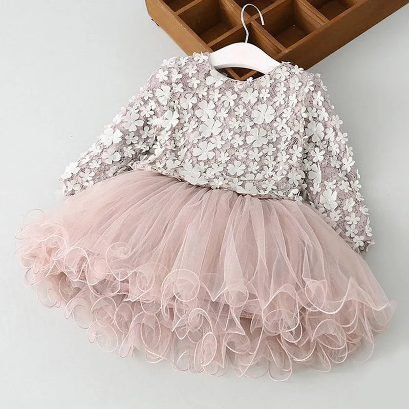 Elegant Flower Girls Dress Wedding Party Princess Dress Casual Kids Clothes Lace Long Sleeves Dress Children's Vestidos For 3-8T 424 pink
