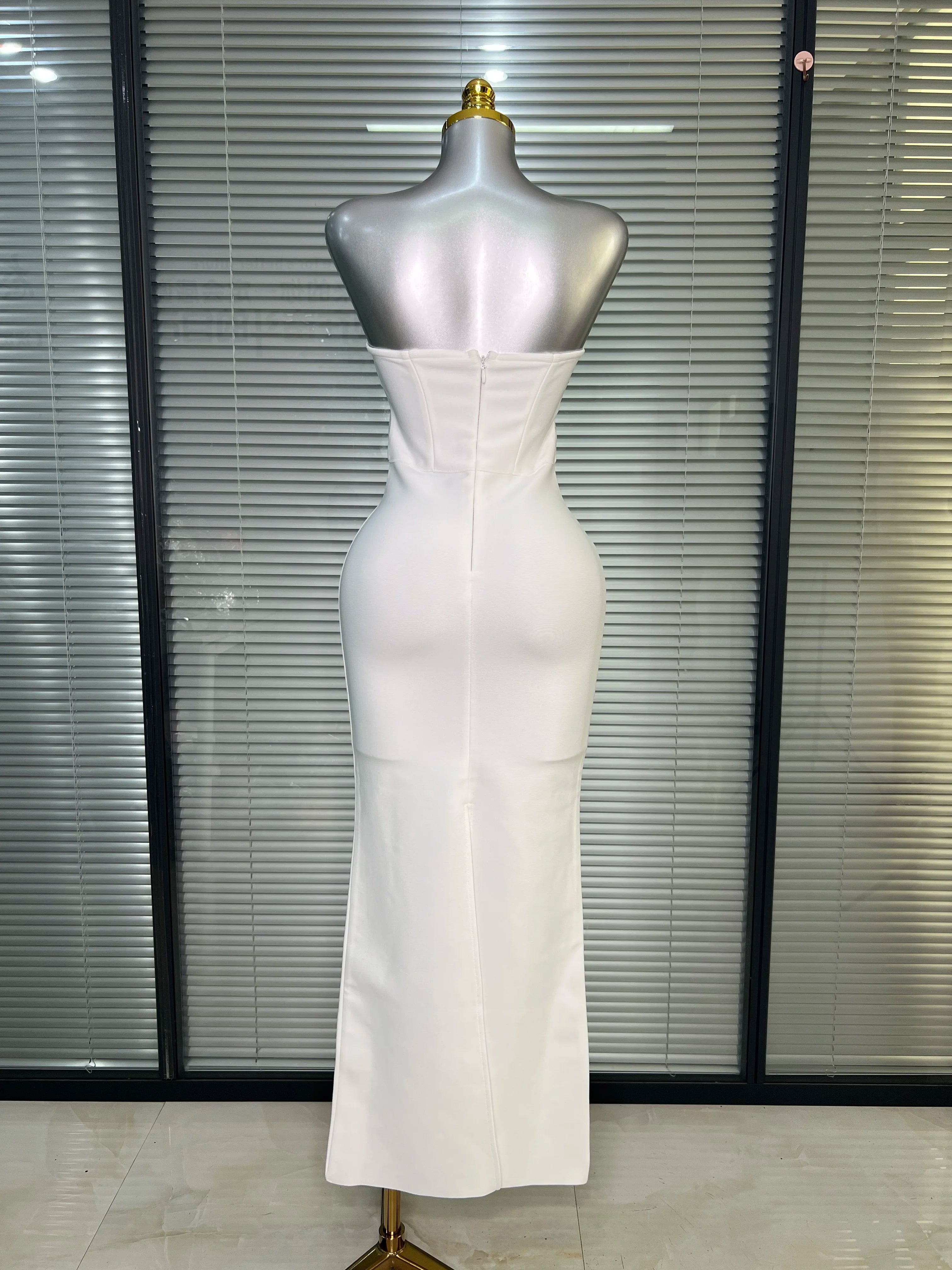 Summer New 2025 Women Strapless White Long Bodycon Bandage Dress Knitted Crystal Elegant Evening Party Dress Vestido