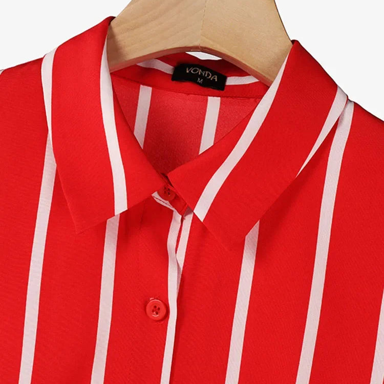 Plus Size 5XL VONDA 2025 Women Pants Sets Matching Sets Vintage Striped Shirt Trouser Casual Two-Piece Sets Office Lady Suits