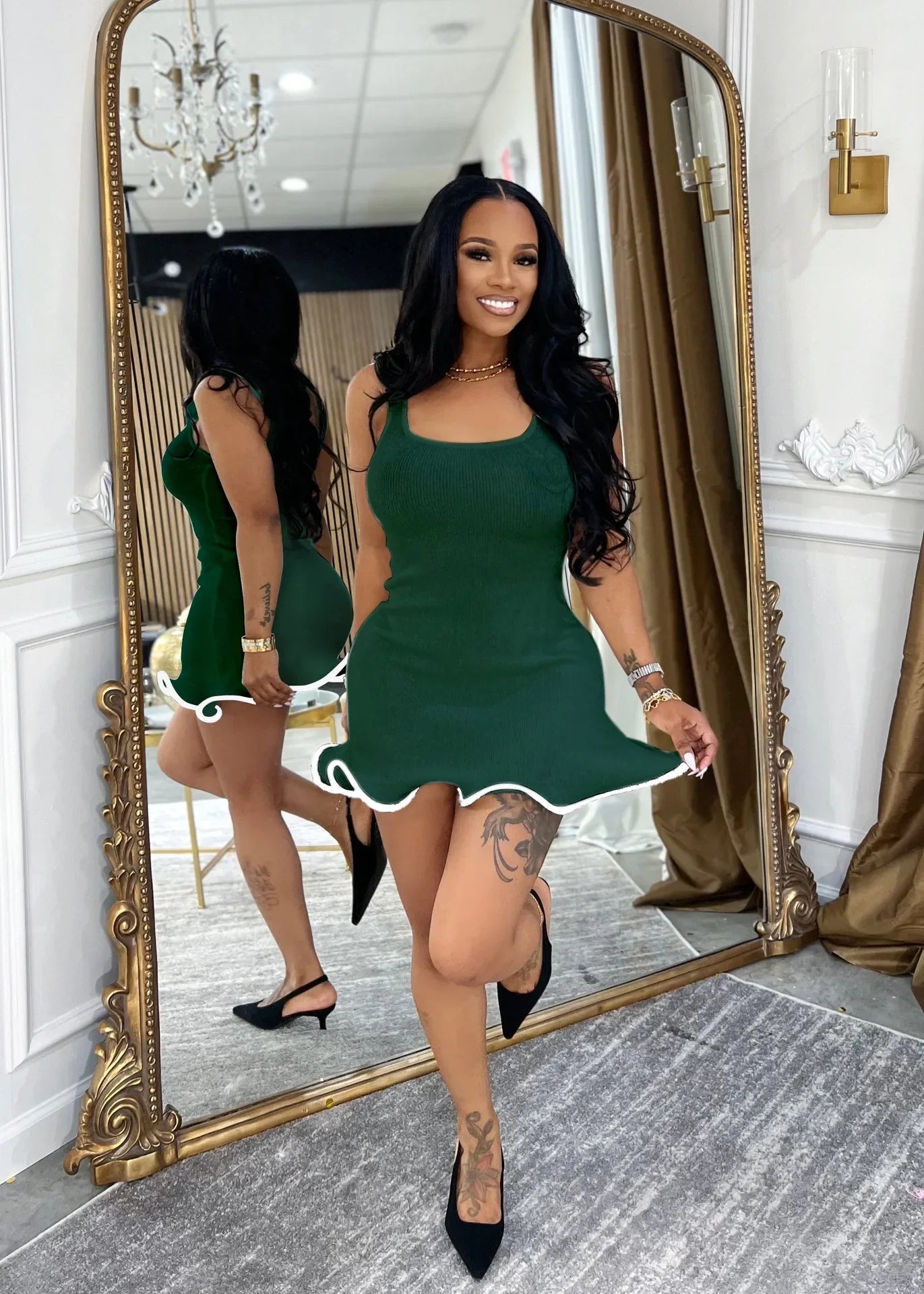 CM.YAYA Women Sleeveless O-neck Tank Mini Dress 2025 Summer Slim Sexy Sweet Club Party Evening High Street Ruffles Dresses Dark Green