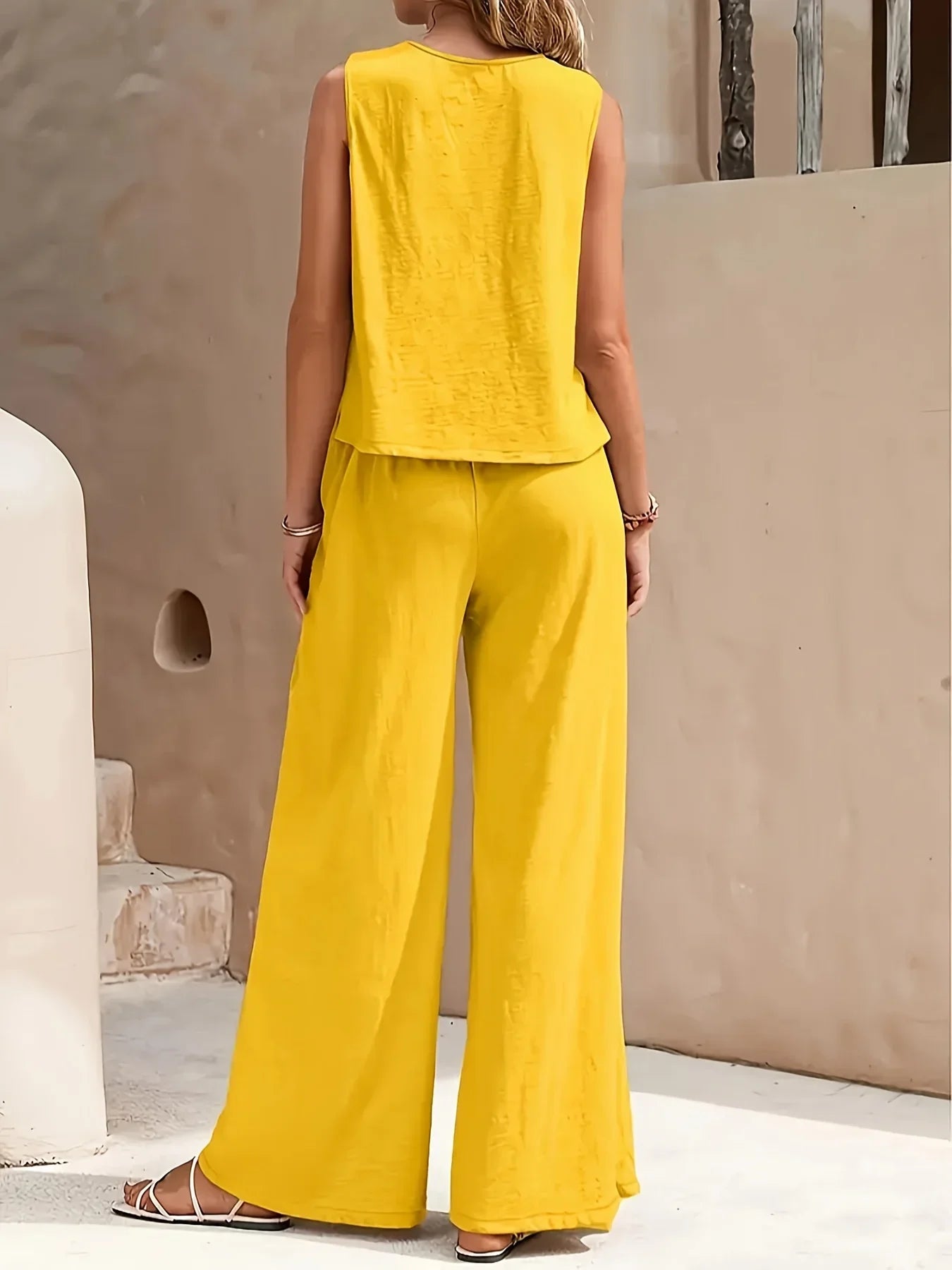 Plus Size 1XL-5XL Women's Fashion Women's Stylish Red Sleeveless Top & Wide-Leg Pants Set Ladies Spring/Summer Casual Wear