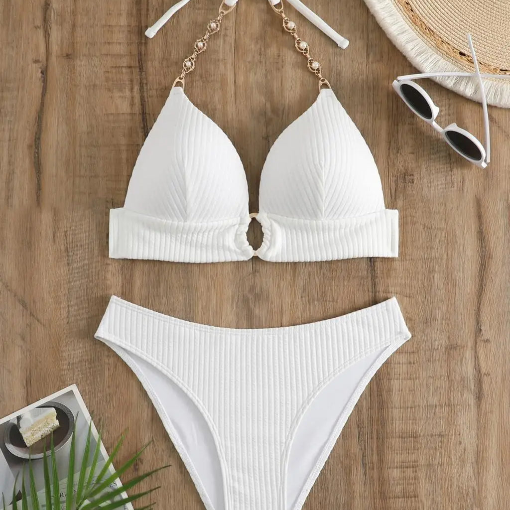 Chain Linked Cut Out Halter Bikini Sexy Swimsuit Women White Swimwear Female Bathers Bathing Swimming Swim Suit Beachwear White