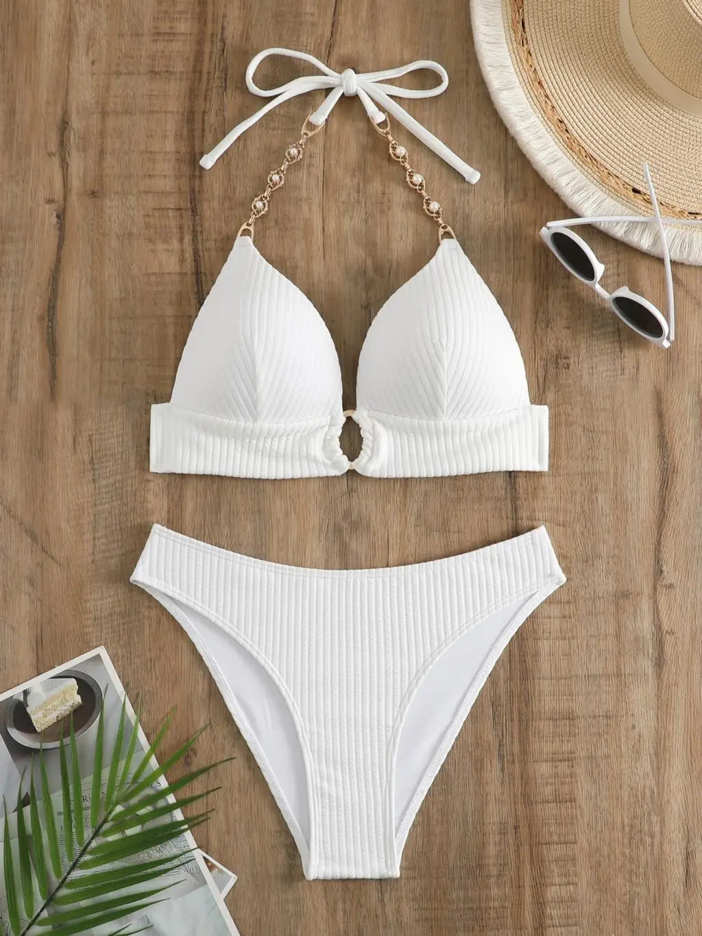 Chain Linked Cut Out Halter Bikini Sexy Swimsuit Women White Swimwear Female Bathers Bathing Swimming Swim Suit Beachwear White
