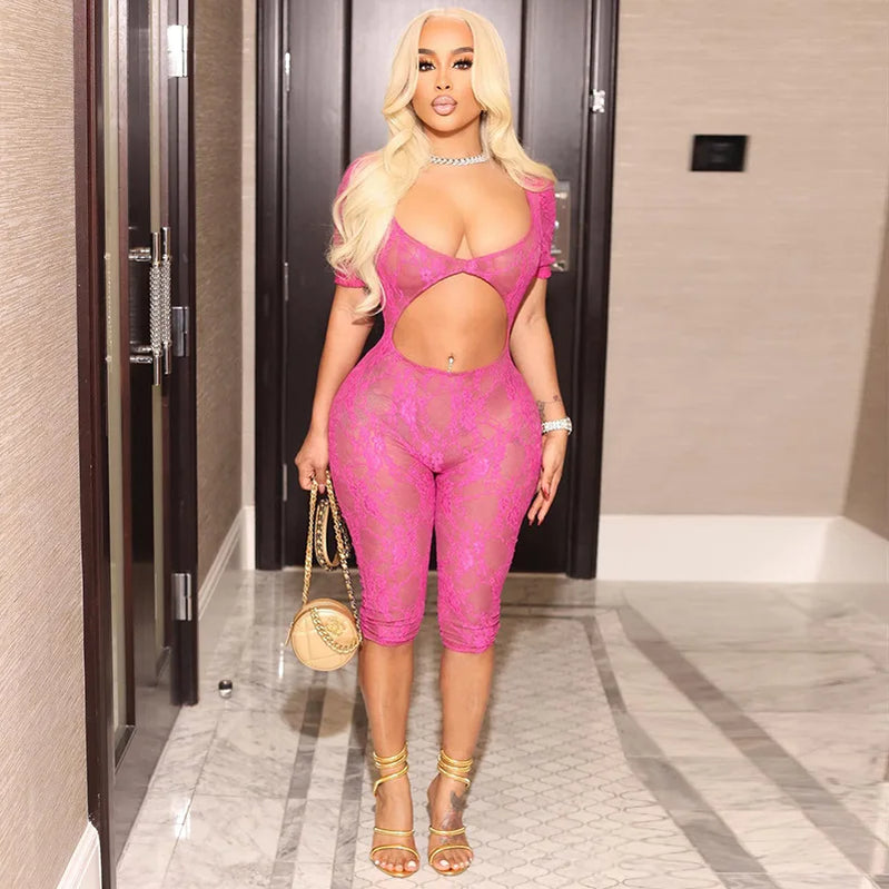 CM.YAYA 2024 Spring Short Sleeve Backless Women Lace Hollow Out Casual Rompers Playsuit Short Jumpsuits V-neck One Piece Outfits