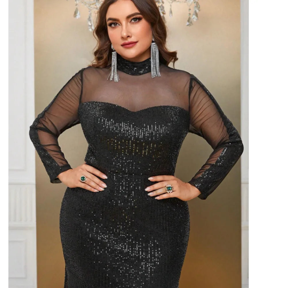 Party Dresses Women Sequins Lace Splicing Black Elegant Evening Dresses Long Sleeve Large Fashion Lady Banquet Dress 2024 New