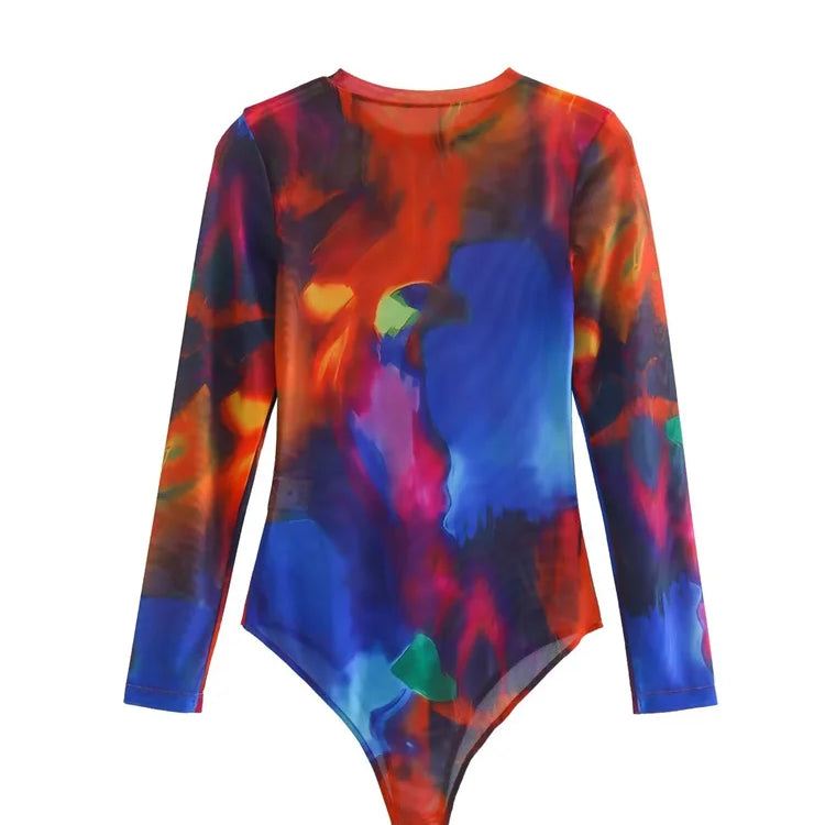 Zevity Women Vintage Ink Painting Graffiti Print Mesh Yarn Slim Bodysuits Ladies Sexy Perspective Playsuits Mujer Rompers LS2633